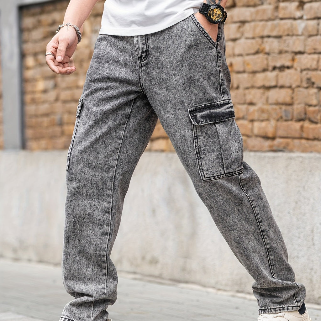 Men's Vintage Style Loose Fit Distressed Cotton Blend Denim Pants For Spring And Fall, Stylish Jeans For Men's Casual And Street Wear