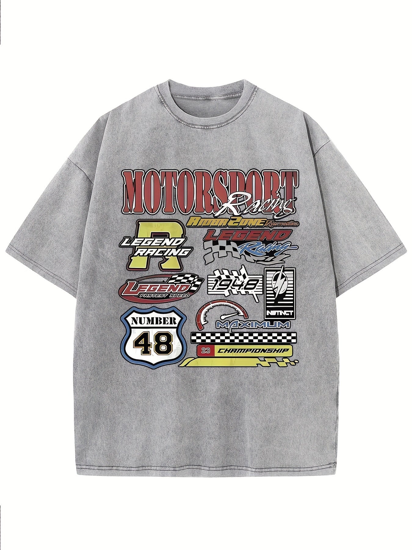 MOTORSPORT Men's Over-Sized Heavy-Weight Cotton Solid Drop Shoulder Vintage Street Wear Basic Tees Baggy Hip Hop Unisex Tops Acid Wash T-Shirt