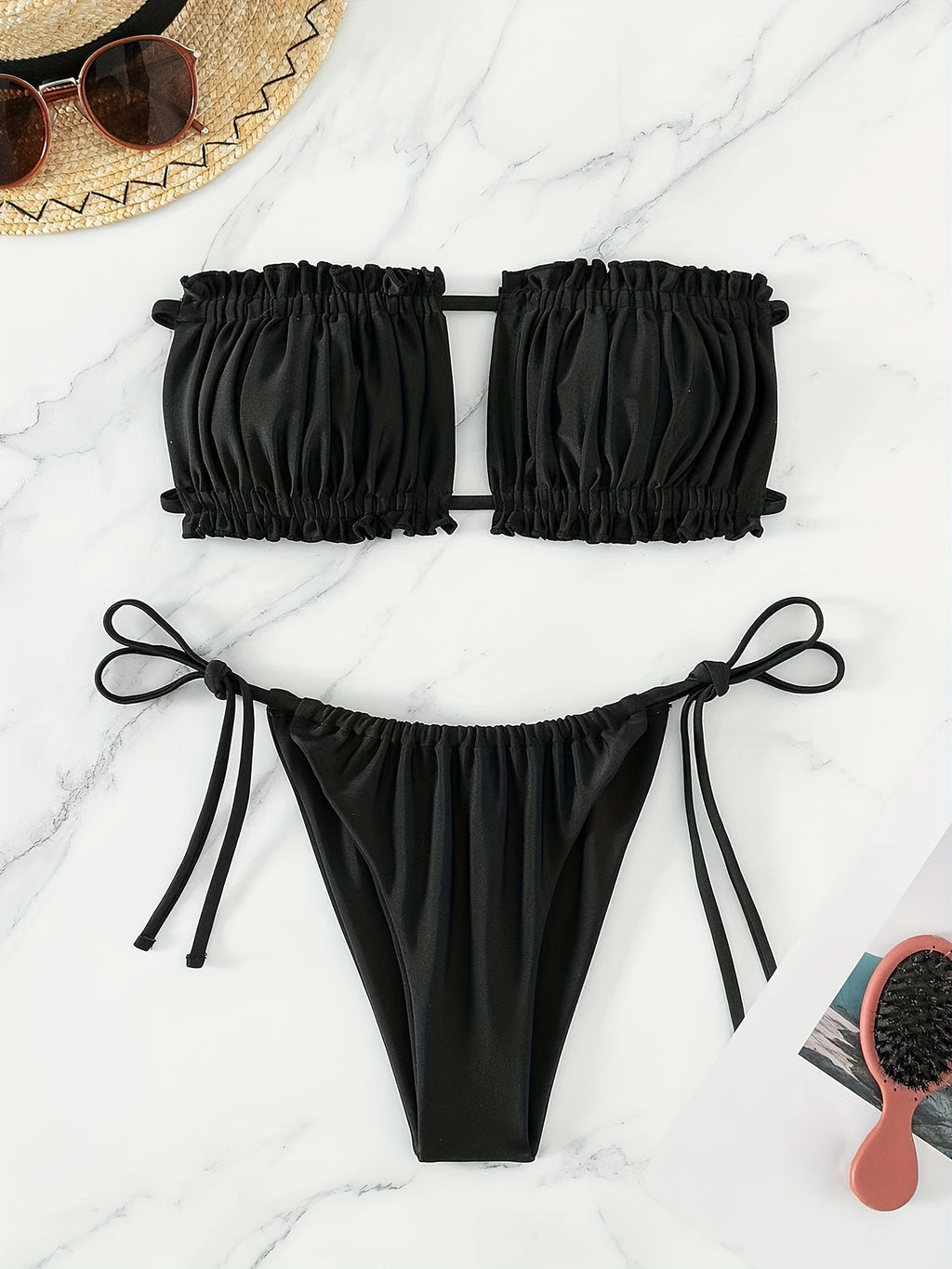 Chic Adjustable Ruched Bra Top Bikini Set - Secure Double Drawstring Bandeau with Trendy Tie Side - Ultra-Flattering High Cut Two-Piece Swimsuit for Women