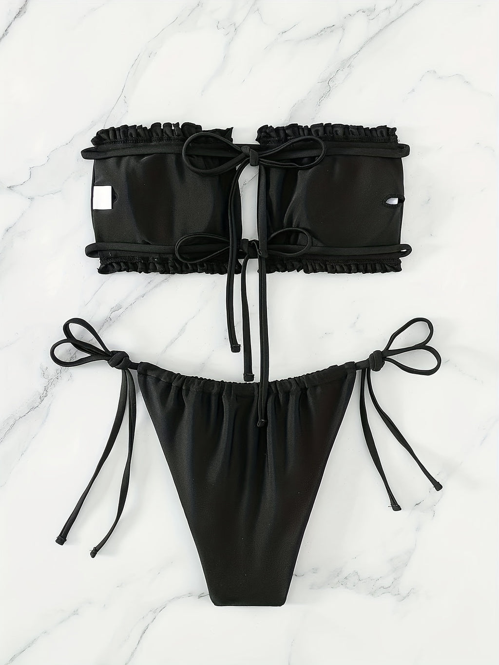 Chic Adjustable Ruched Bra Top Bikini Set - Secure Double Drawstring Bandeau with Trendy Tie Side - Ultra-Flattering High Cut Two-Piece Swimsuit for Women