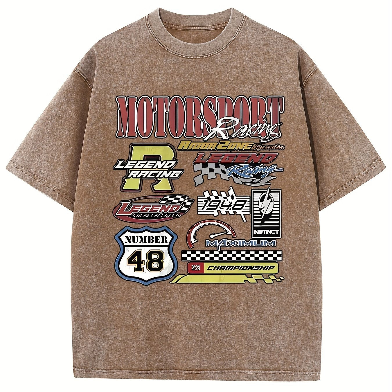 MOTORSPORT Men's Over-Sized Heavy-Weight Cotton Solid Drop Shoulder Vintage Street Wear Basic Tees Baggy Hip Hop Unisex Tops Acid Wash T-Shirt