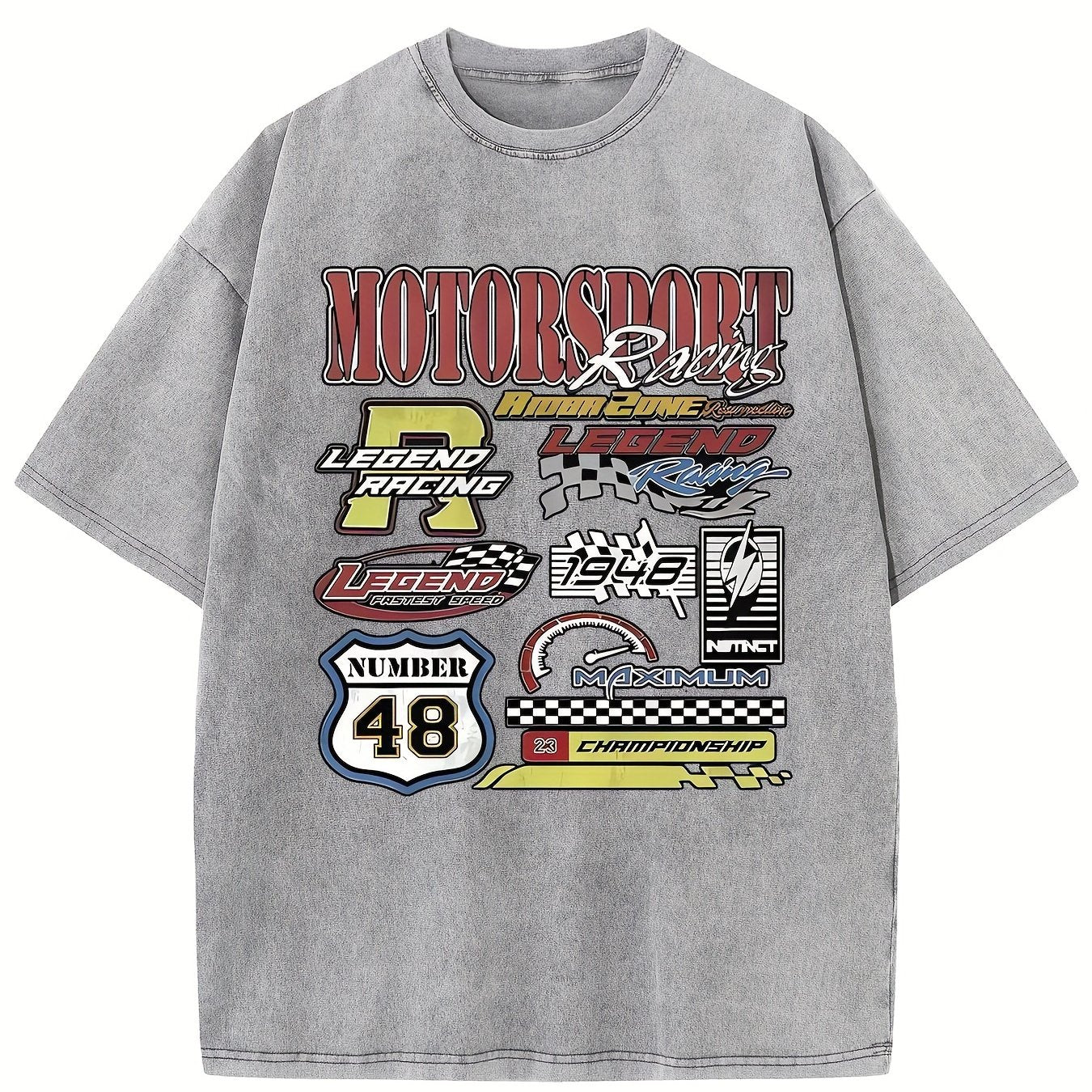 MOTORSPORT Men's Over-Sized Heavy-Weight Cotton Solid Drop Shoulder Vintage Street Wear Basic Tees Baggy Hip Hop Unisex Tops Acid Wash T-Shirt