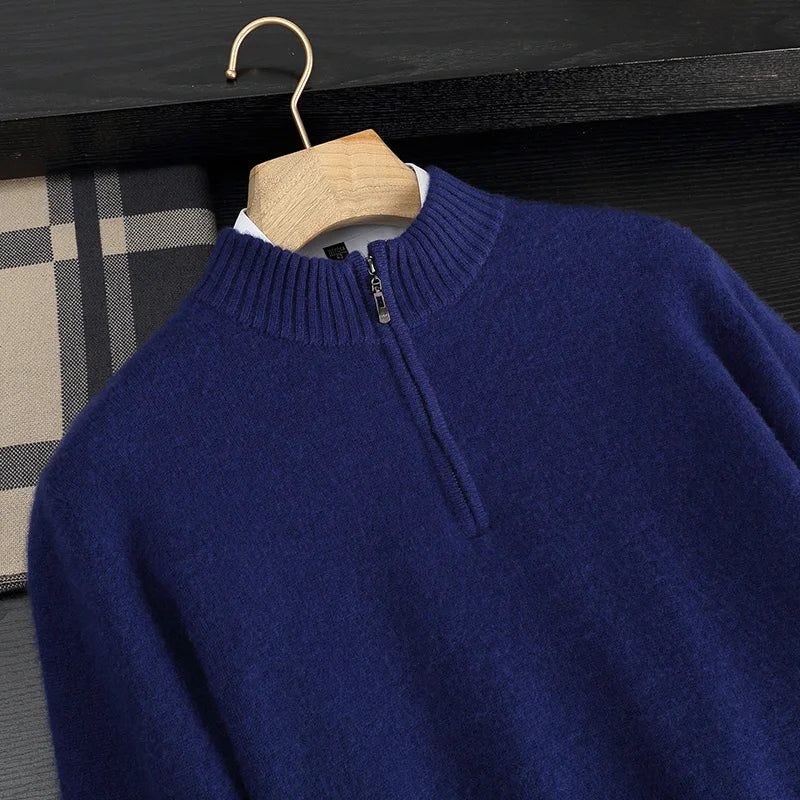 Autumn/Winter Men's 100% Cashmere Pullover Business Casual Solid Knitted Sweater Loose Half High Collar Zipper Tops Thick Jumper
