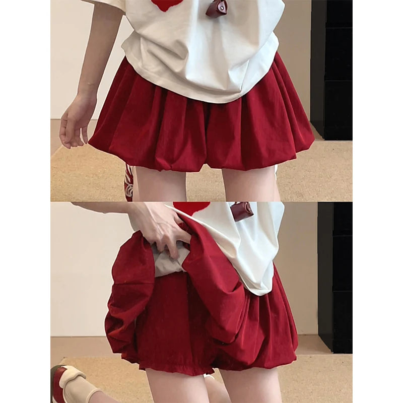 Red Petal Hem Bloom Skirt Women Summer Lightweight High Waist Flattering Fit Anti-Slip Lining Petite A-Line Mini Flowy Skirt