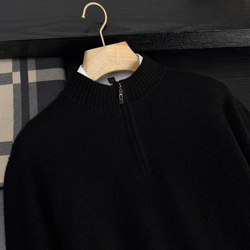 Autumn/Winter Men's 100% Cashmere Pullover Business Casual Solid Knitted Sweater Loose Half High Collar Zipper Tops Thick Jumper