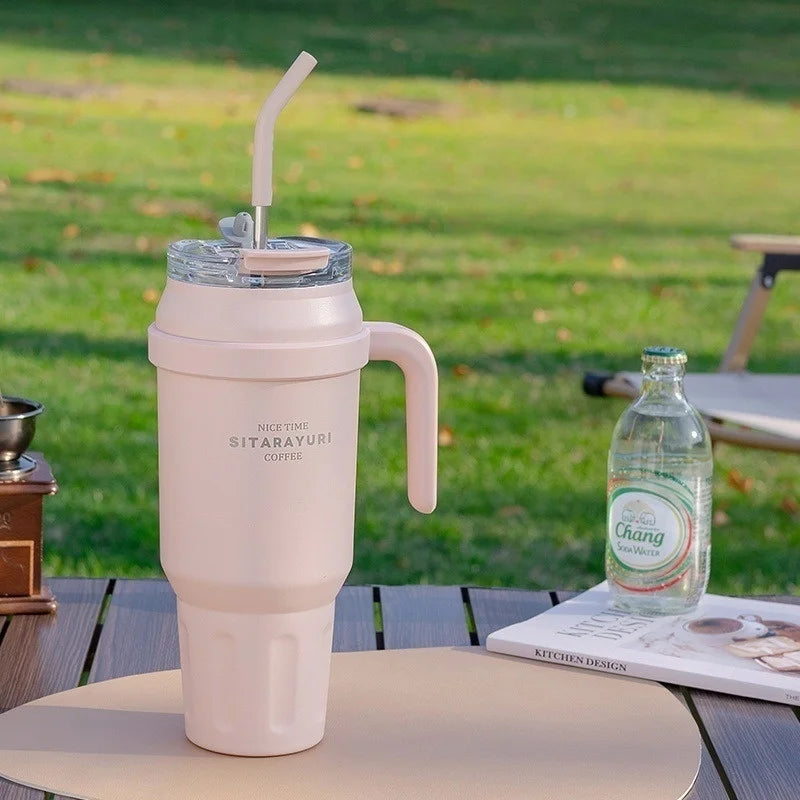 SITARAYURI 50OZ Insulation Cup Large Capacity Stainless Steel Thermos Bottle with Handle ＆ Straw Ice Tumbler Car Cup Travel