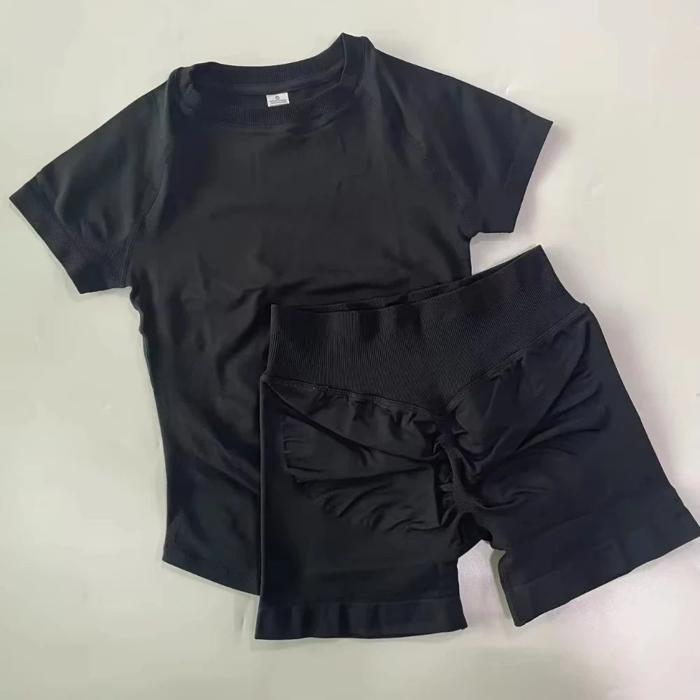 2 Pieces  Sports Set Women Short Sleeve Top Seamless Scrunch Bum Joggers Suit Training Pants Suits Gym Fitness Sets