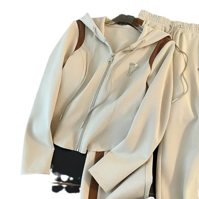 Hooded Sweatshirts Spliced Women Pant Sets Wide Leg Pants Drawstring Trousers Patchwork Long Sleeve Hoodies Casual Loose