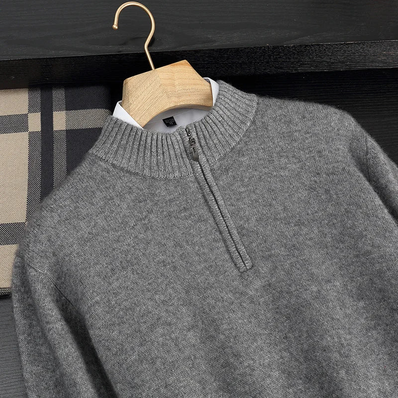 Autumn/Winter Men's 100% Cashmere Pullover Business Casual Solid Knitted Sweater Loose Half High Collar Zipper Tops Thick Jumper
