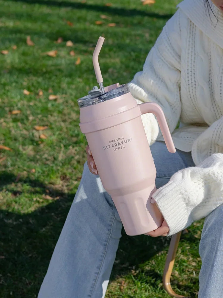 SITARAYURI 50OZ Insulation Cup Large Capacity Stainless Steel Thermos Bottle with Handle ＆ Straw Ice Tumbler Car Cup Travel