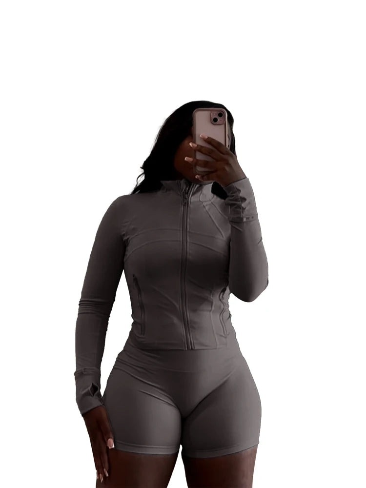 Sexy Two 2 Piece Sets Women Clothing Activewear Loungewear Gym Fitness Sets Zip up Jacket and Shorts Set Tracksuit Outfits