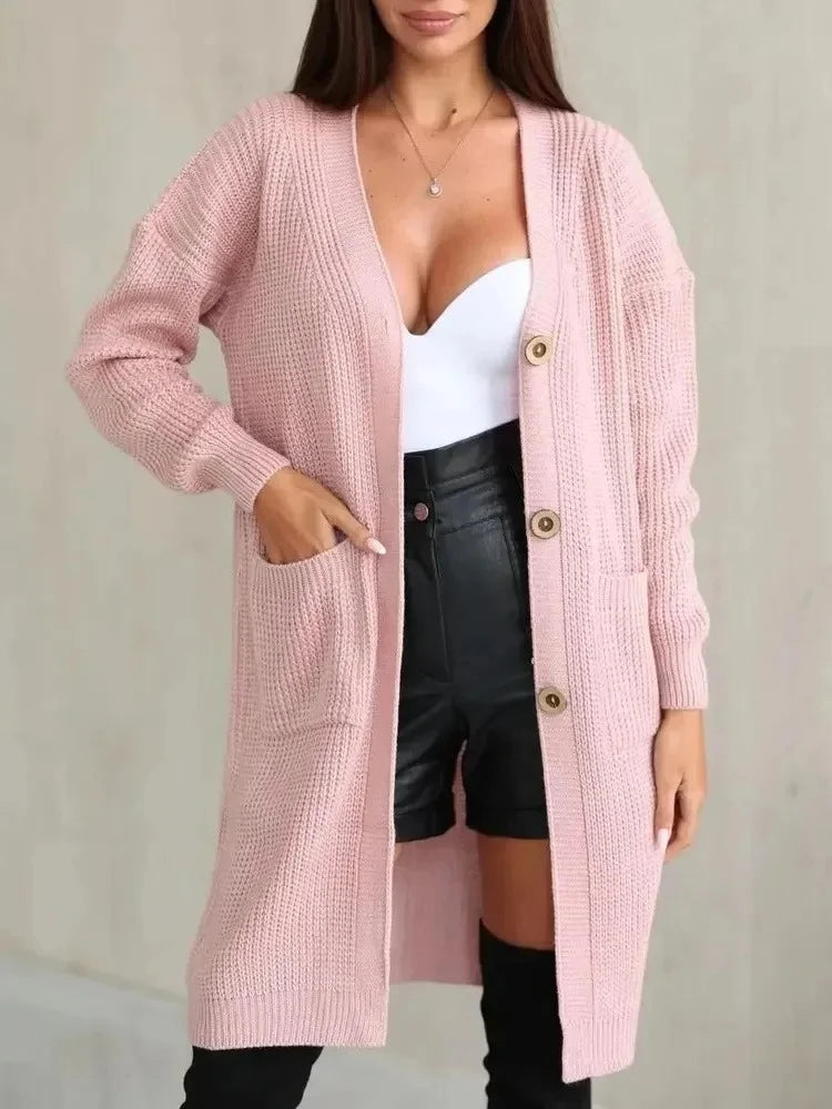 Autumn Winter Woman's Long Knitted Casual Coat Fashion Long Sleeves with Pocket Cardigan Sweater Ladies Comfort Warm Clothing