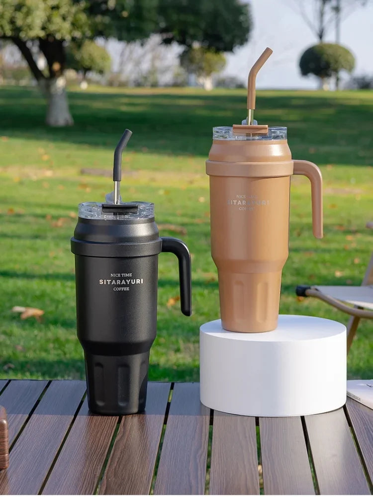 SITARAYURI 50OZ Insulation Cup Large Capacity Stainless Steel Thermos Bottle with Handle ＆ Straw Ice Tumbler Car Cup Travel