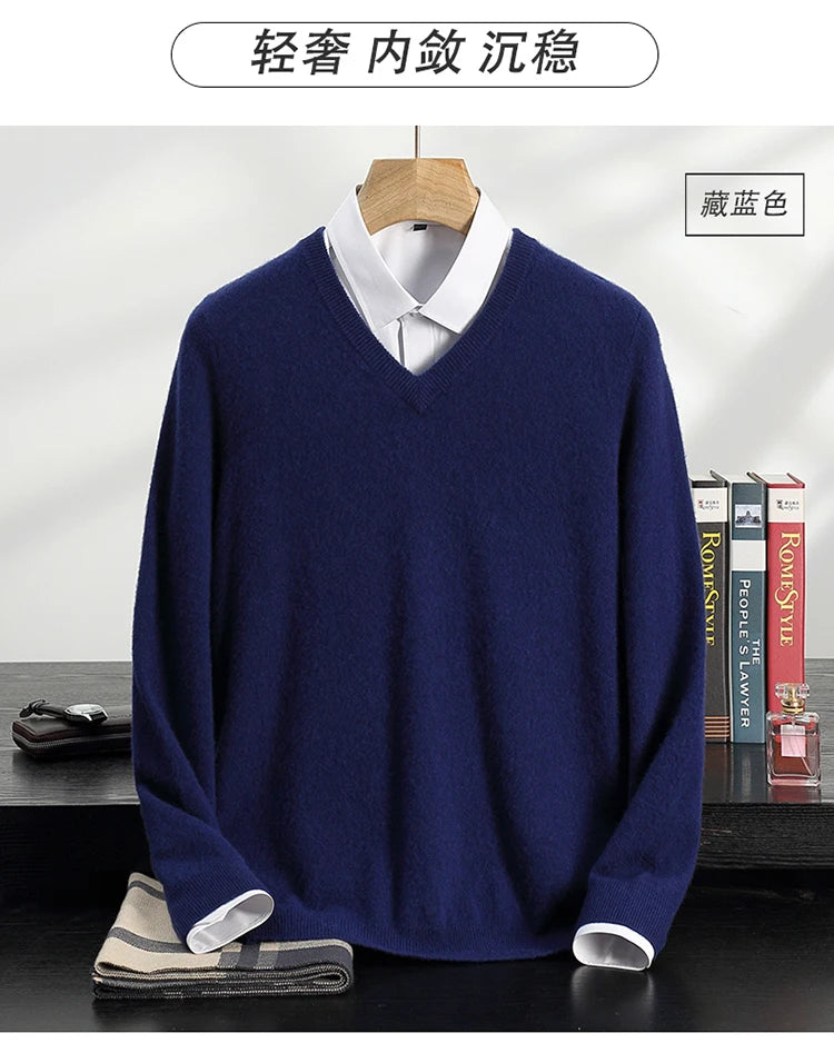 Autumn/Winter New Men's 100% Cashmere Pullover Business Casual Solid Knitted Sweater Loose V-neck Tops Basic Thick Warm Jumper
