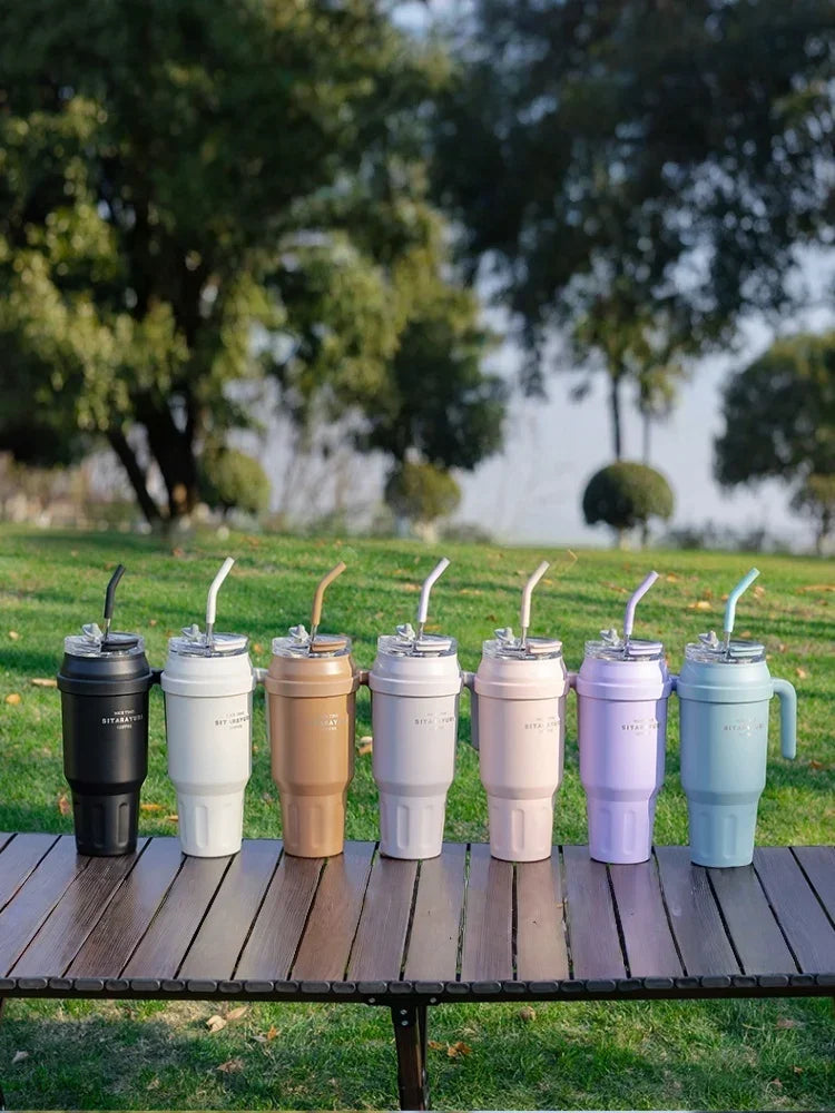 SITARAYURI 50OZ Insulation Cup Large Capacity Stainless Steel Thermos Bottle with Handle ＆ Straw Ice Tumbler Car Cup Travel