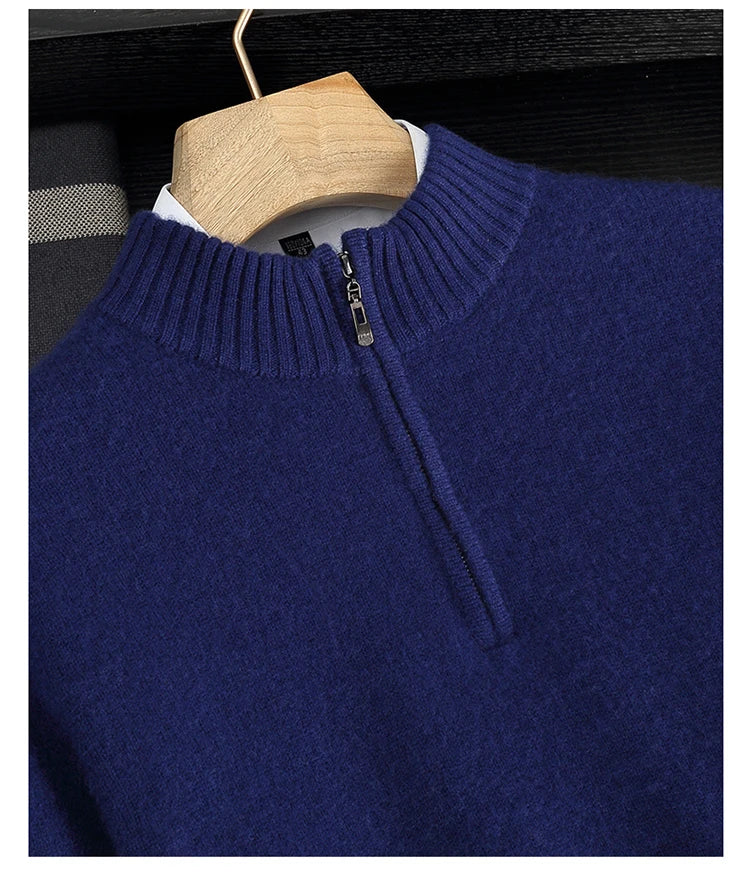 Autumn/Winter Men's 100% Cashmere Pullover Business Casual Solid Knitted Sweater Loose Half High Collar Zipper Tops Thick Jumper