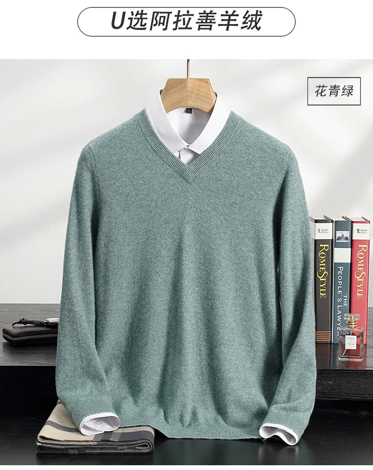 Autumn/Winter New Men's 100% Cashmere Pullover Business Casual Solid Knitted Sweater Loose V-neck Tops Basic Thick Warm Jumper