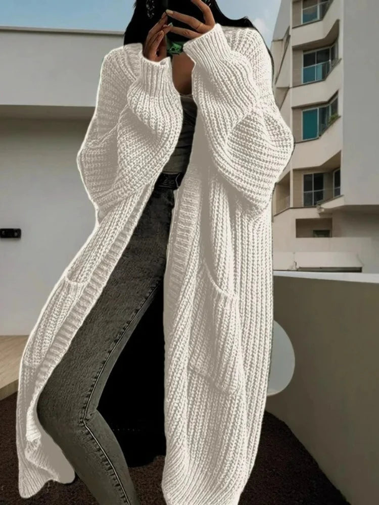 Autumn Winter Woman's Long Knitted Casual Coat Fashion Long Sleeves with Pocket Cardigan Sweater Ladies Comfort Warm Clothing