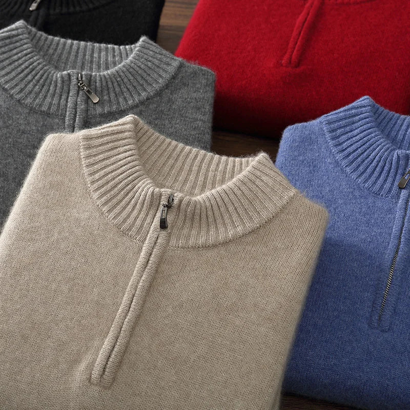 Autumn/Winter Men's 100% Cashmere Pullover Business Casual Solid Knitted Sweater Loose Half High Collar Zipper Tops Thick Jumper