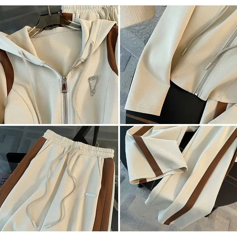 Hooded Sweatshirts Spliced Women Pant Sets Wide Leg Pants Drawstring Trousers Patchwork Long Sleeve Hoodies Casual Loose