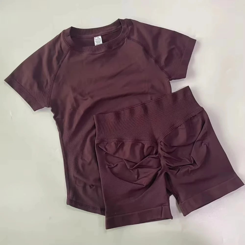 2 Pieces  Sports Set Women Short Sleeve Top Seamless Scrunch Bum Joggers Suit Training Pants Suits Gym Fitness Sets