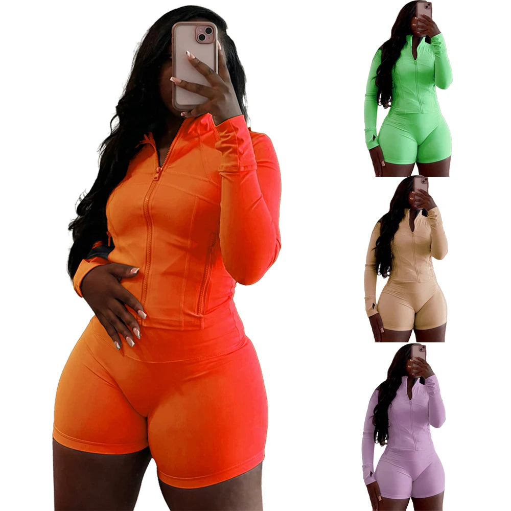 Sexy Two 2 Piece Sets Women Clothing Activewear Loungewear Gym Fitness Sets Zip up Jacket and Shorts Set Tracksuit Outfits