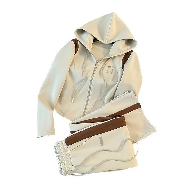 Hooded Sweatshirts Spliced Women Pant Sets Wide Leg Pants Drawstring Trousers Patchwork Long Sleeve Hoodies Casual Loose