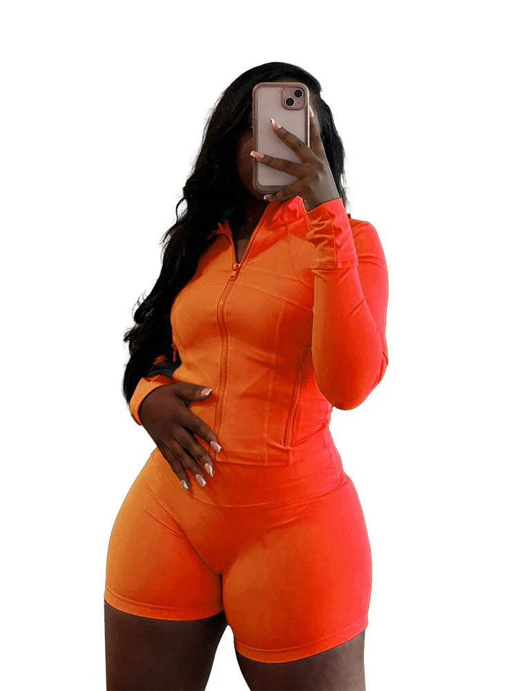 Sexy Two 2 Piece Sets Women Clothing Activewear Loungewear Gym Fitness Sets Zip up Jacket and Shorts Set Tracksuit Outfits