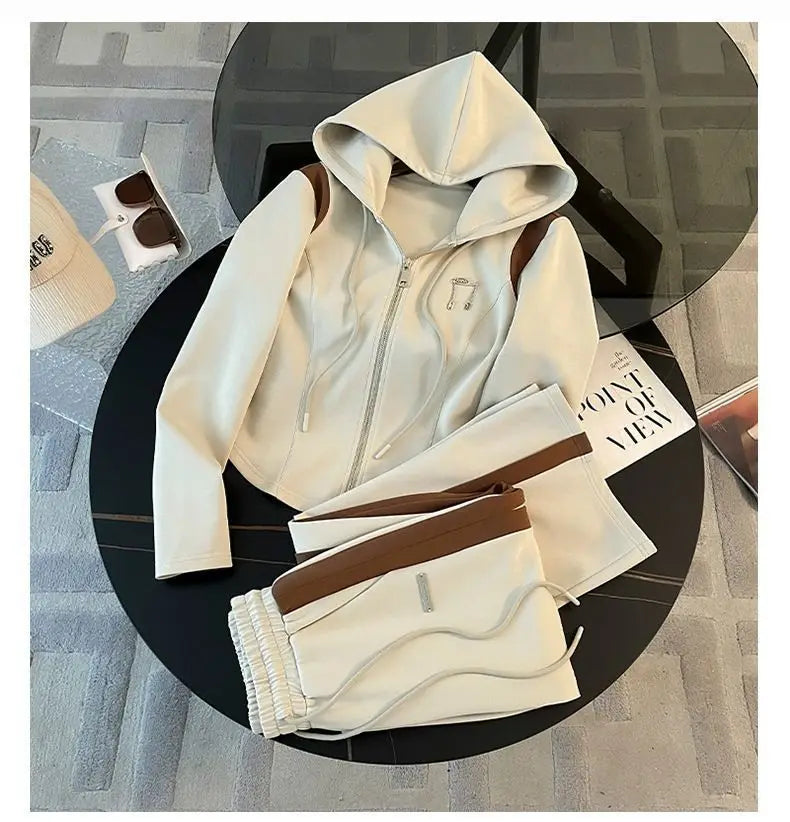 Hooded Sweatshirts Spliced Women Pant Sets Wide Leg Pants Drawstring Trousers Patchwork Long Sleeve Hoodies Casual Loose