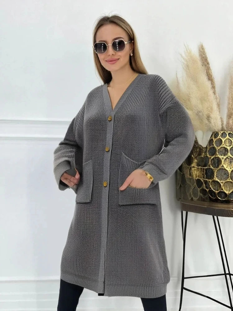 Autumn Winter Woman's Long Knitted Casual Coat Fashion Long Sleeves with Pocket Cardigan Sweater Ladies Comfort Warm Clothing