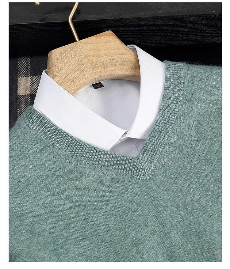 Autumn/Winter New Men's 100% Cashmere Pullover Business Casual Solid Knitted Sweater Loose V-neck Tops Basic Thick Warm Jumper