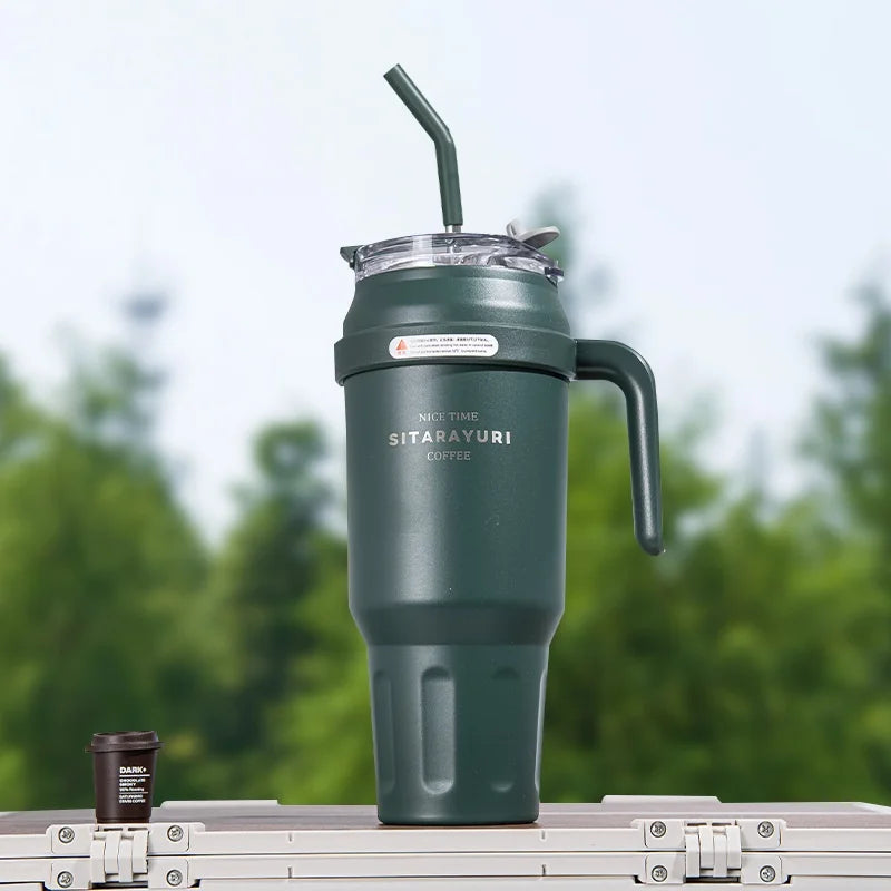 SITARAYURI 50OZ Insulation Cup Large Capacity Stainless Steel Thermos Bottle with Handle ＆ Straw Ice Tumbler Car Cup Travel