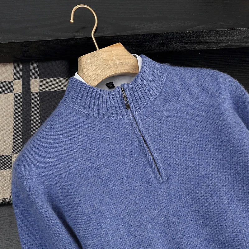 Autumn/Winter Men's 100% Cashmere Pullover Business Casual Solid Knitted Sweater Loose Half High Collar Zipper Tops Thick Jumper