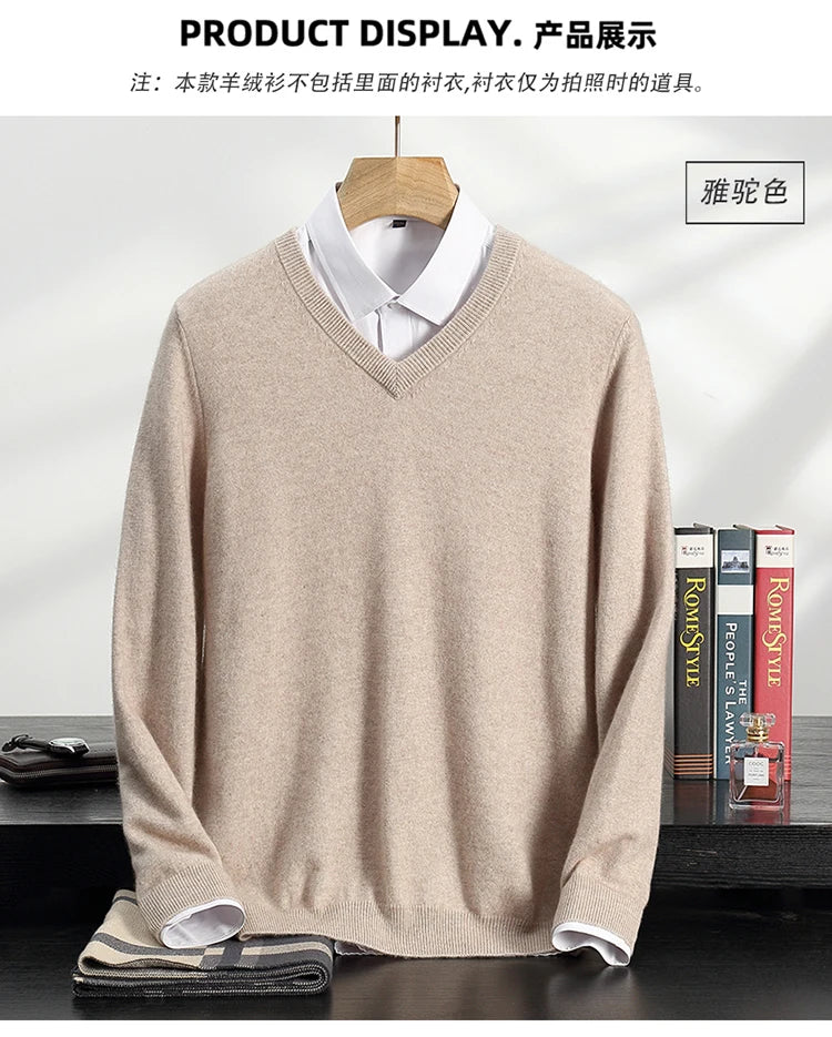 Autumn/Winter New Men's 100% Cashmere Pullover Business Casual Solid Knitted Sweater Loose V-neck Tops Basic Thick Warm Jumper
