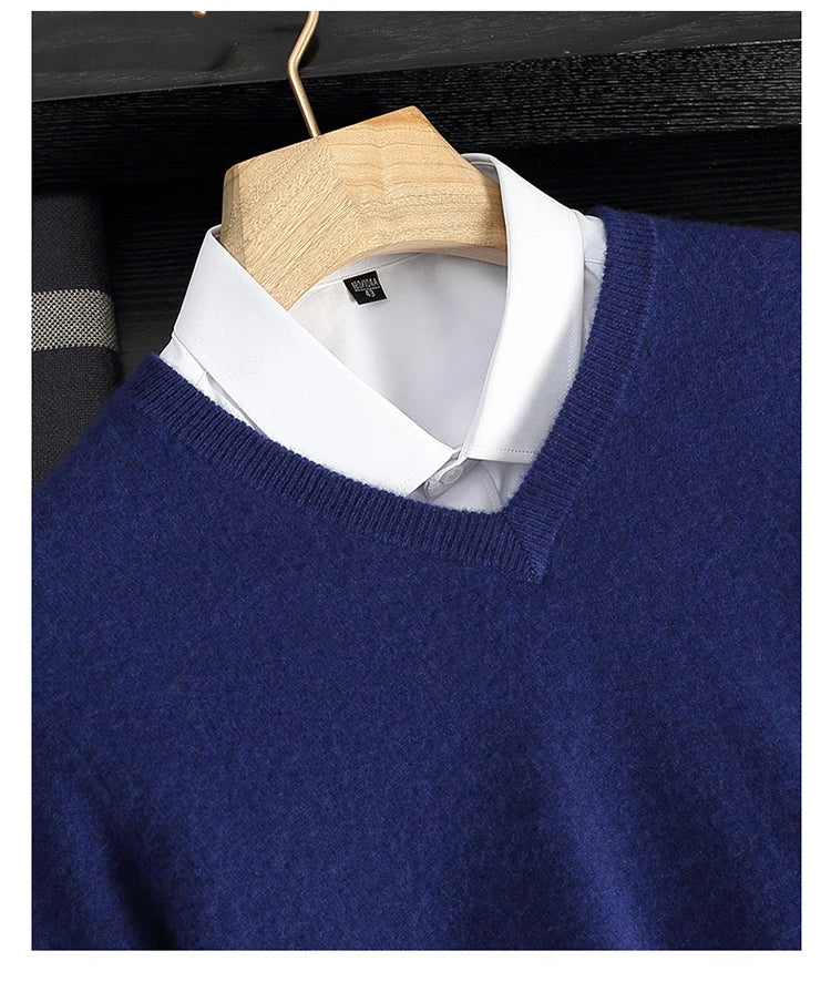 Autumn/Winter New Men's 100% Cashmere Pullover Business Casual Solid Knitted Sweater Loose V-neck Tops Basic Thick Warm Jumper