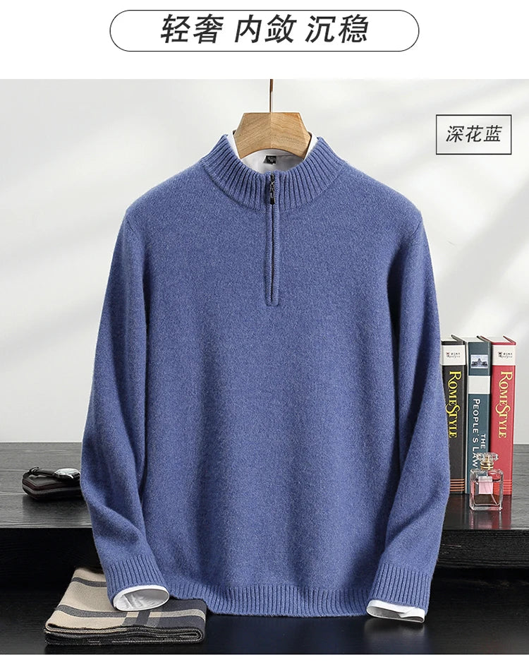 Autumn/Winter Men's 100% Cashmere Pullover Business Casual Solid Knitted Sweater Loose Half High Collar Zipper Tops Thick Jumper