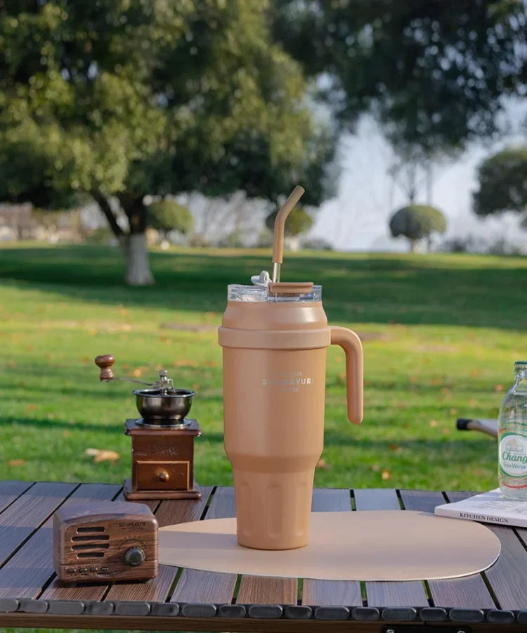 SITARAYURI 50OZ Insulation Cup Large Capacity Stainless Steel Thermos Bottle with Handle ＆ Straw Ice Tumbler Car Cup Travel