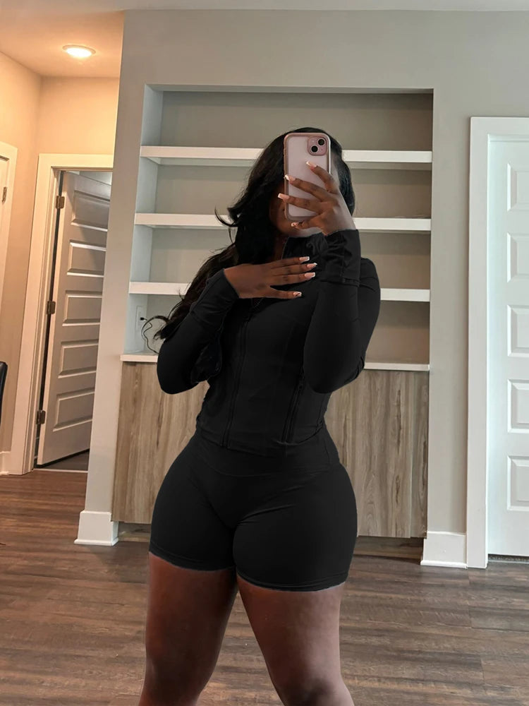 Sexy Two 2 Piece Sets Women Clothing Activewear Loungewear Gym Fitness Sets Zip up Jacket and Shorts Set Tracksuit Outfits