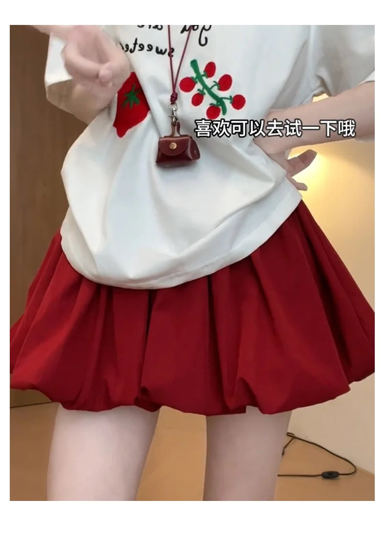 Red Petal Hem Bloom Skirt Women Summer Lightweight High Waist Flattering Fit Anti-Slip Lining Petite A-Line Mini Flowy Skirt