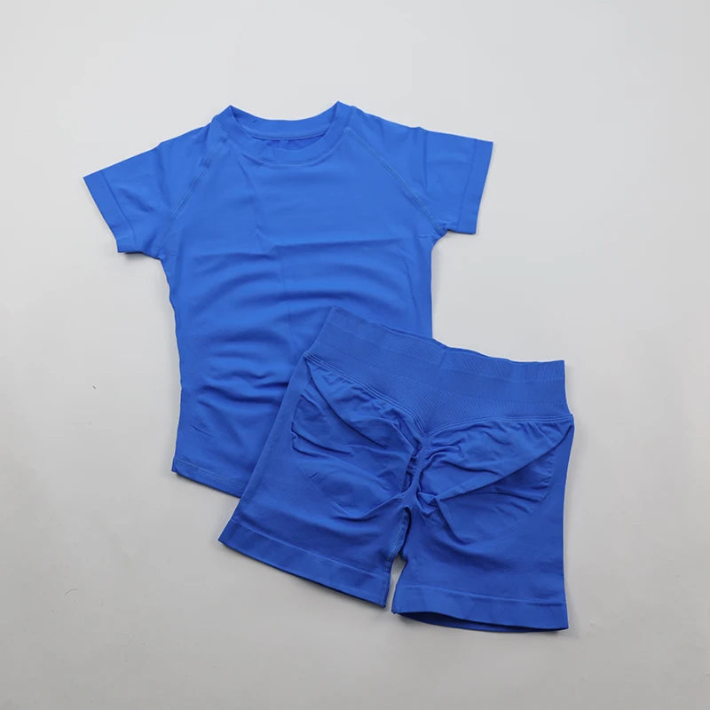 2 Pieces  Sports Set Women Short Sleeve Top Seamless Scrunch Bum Joggers Suit Training Pants Suits Gym Fitness Sets
