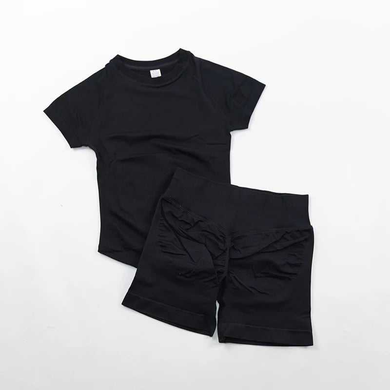 2 Pieces  Sports Set Women Short Sleeve Top Seamless Scrunch Bum Joggers Suit Training Pants Suits Gym Fitness Sets