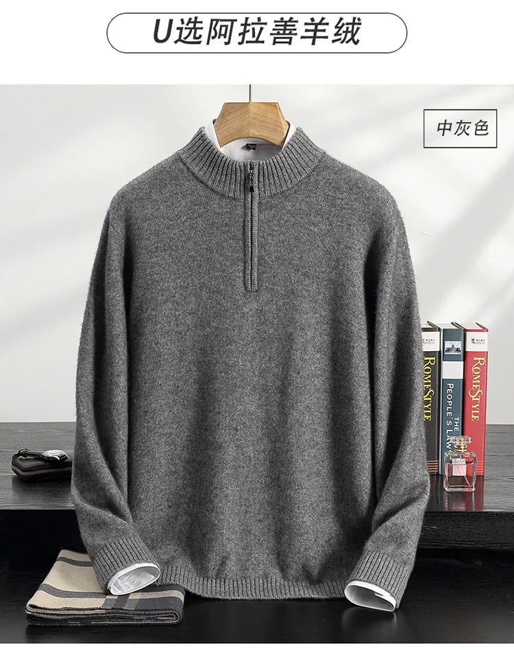 Autumn/Winter Men's 100% Cashmere Pullover Business Casual Solid Knitted Sweater Loose Half High Collar Zipper Tops Thick Jumper