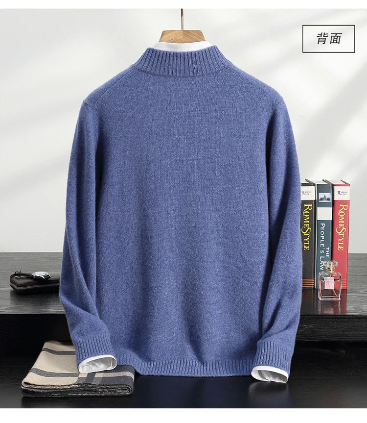 Autumn/Winter Men's 100% Cashmere Pullover Business Casual Solid Knitted Sweater Loose Half High Collar Zipper Tops Thick Jumper