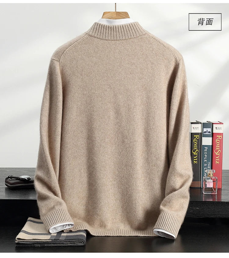 Autumn/Winter Men's 100% Cashmere Pullover Business Casual Solid Knitted Sweater Loose Half High Collar Zipper Tops Thick Jumper