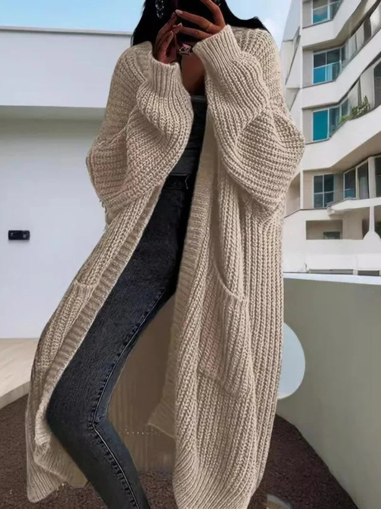 Autumn Winter Woman's Long Knitted Casual Coat Fashion Long Sleeves with Pocket Cardigan Sweater Ladies Comfort Warm Clothing