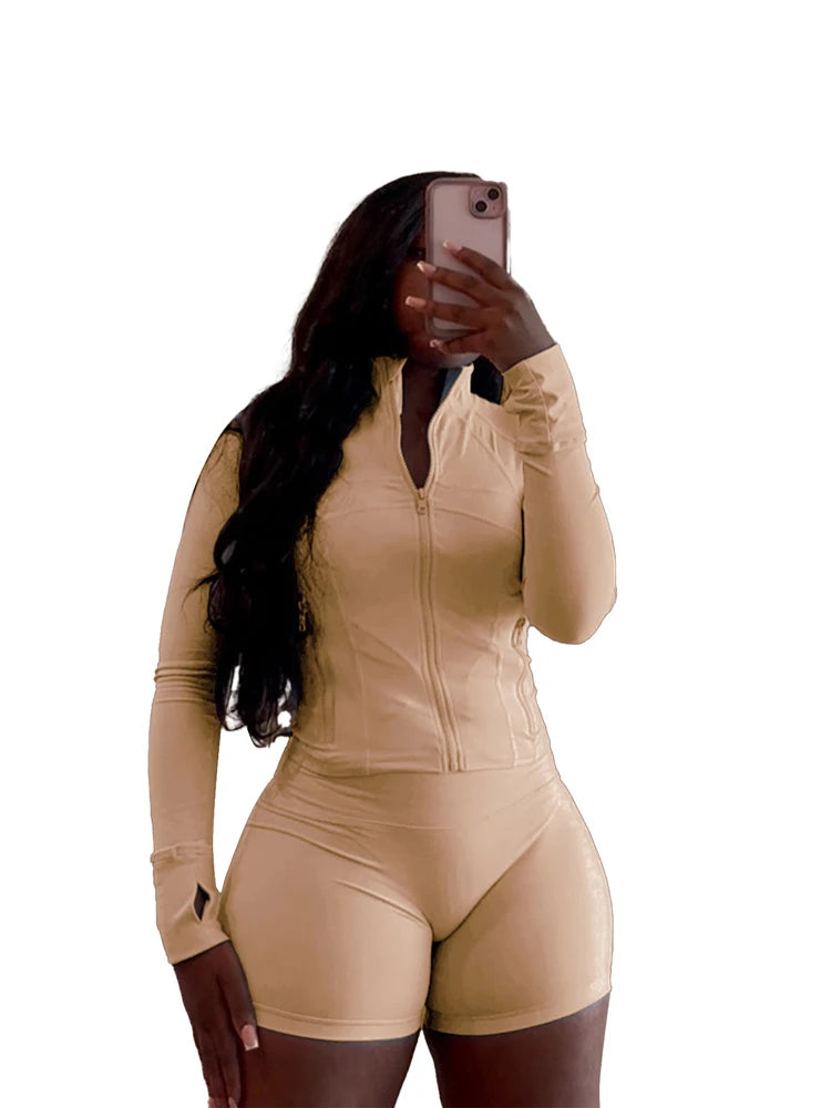 Sexy Two 2 Piece Sets Women Clothing Activewear Loungewear Gym Fitness Sets Zip up Jacket and Shorts Set Tracksuit Outfits