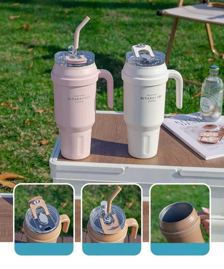 SITARAYURI 50OZ Insulation Cup Large Capacity Stainless Steel Thermos Bottle with Handle ＆ Straw Ice Tumbler Car Cup Travel