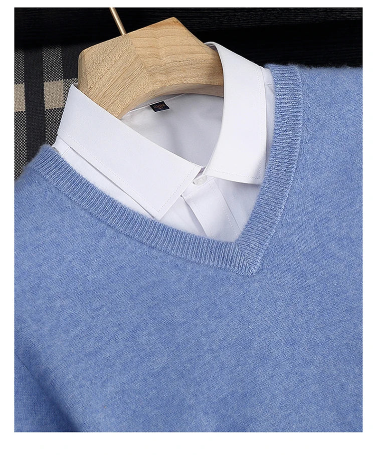 Autumn/Winter New Men's 100% Cashmere Pullover Business Casual Solid Knitted Sweater Loose V-neck Tops Basic Thick Warm Jumper