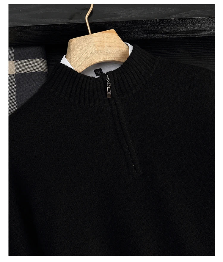 Autumn/Winter Men's 100% Cashmere Pullover Business Casual Solid Knitted Sweater Loose Half High Collar Zipper Tops Thick Jumper