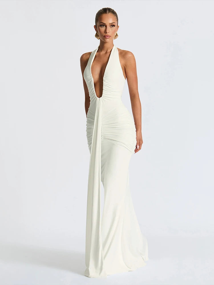 kliou Shirring Halter Women Maxi Dress Classic Solid Low Neck Backless Ribbons Sheath Long Robe Female Simple Elegant Vestidos